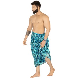HAPPY BAY Men's Sarong Cover Ups Swim Beach Wraps One Size Sky Allover Leafs