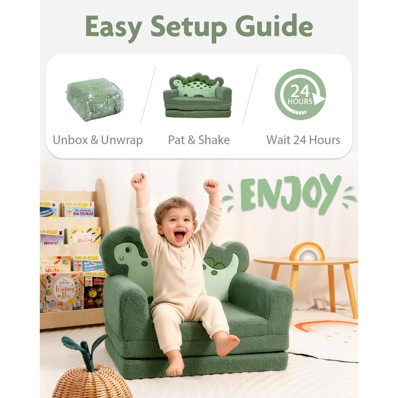 TinyPalsa Kids Couch, Convertible Sofa to Lounger Fold Out, Green