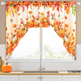 Likiyol Fall Kitchen Curtains Pumpkin Sunflowers Swag Curtains Thanksgiving Valances for Windows Light Filtering Maple Leaves Kitchen Valance Rod Pocket Valance for Basement Cafe, 60" W x 36" L