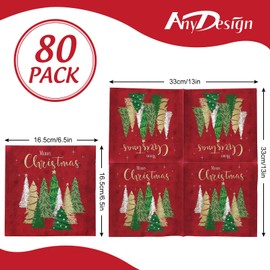 AnyDesign 80 Pack Merry Christmas Paper Napkins Red Green Gold Xmas Tree Disposable Party Luncheon Napkins for Christmas New Year Holiday Dinner Party Supplies, 6.5 x 6.5 Inch
