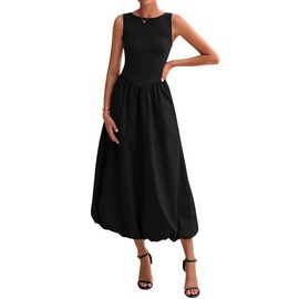 BTFBM Women's 2025 Summer Casual Sleeveless Midi Dress Patchwork Knit Tank Bubble Long Flowy Beach Maxi Sundress Pockets(Black, Large)