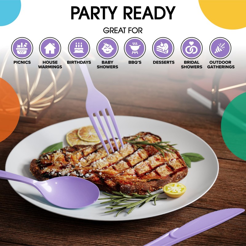 Party Solids Lavender Plastic Silverware Heavy Duty 150 Pieces Lavender