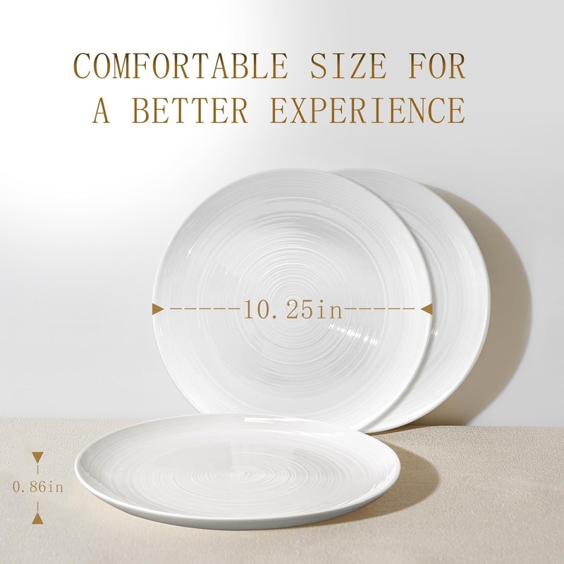 Yachi Ceramic 10 1/4 Inch White Dinner Plates Set of