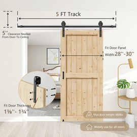 Arti-Life Barn Door Hardware Kit 5FT Heavy Duty Sliding Door Track Kit with Floor Guide and 2 Handles with Lock, Smoothly Hardware Kits for Interior Exterior Fit 28"-30" Wide Panel (J Shape Hanger)
