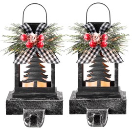 Therwen 2 Pcs Christmas Stocking Holders Lantern Stocking Hangers for Mantel Retro Xmas Hooks Decorative Light up Stocking Holders for Christmas Stockings Hangers Home Indoor