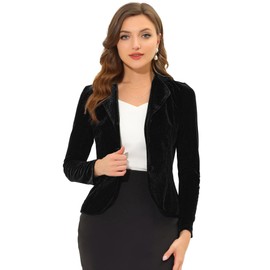 Allegra K Women's Notched Lapel Suit Jacket Long Sleeve Office Business Velvet Blazer Black 8