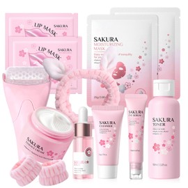 Sakura Face Care Set Girls with Cleanser, Toner, Serum, Eye Serum, Cream, Lip Mask, Face Roller, Rabbit Headband, Pamper Gift Set, Women, Teenagers, Pack of 12