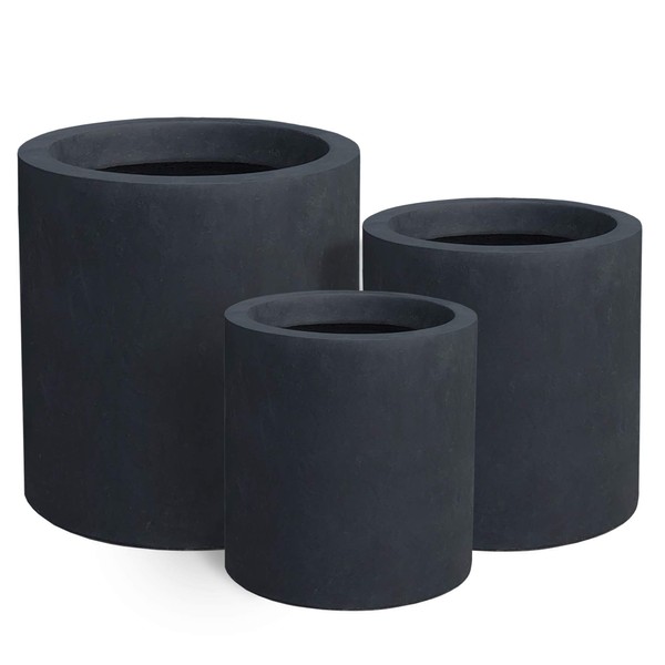 Kante 9.8",12.6",15.7" Dia Round Concrete Planter Set of 3, Modern Style Large Cylindrical Plant Pot with Drainage Hole and Rubber Plug for Indoor Outdoor Patio, Charcoal