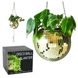 SCANDINORDICA - Macetero de Bola de Discoteca – Paquete económico: Maceta de Disco con Cadena, Colgador de macramé y Soporte acrílico para computadora, Incluye Inserto de riego automático, decoración