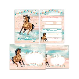 Junapack 12 Invitation Cards for Children's Birthday Girls Horse Including 12 Envelopes, 12 Bags / Natural, 12 Stickers