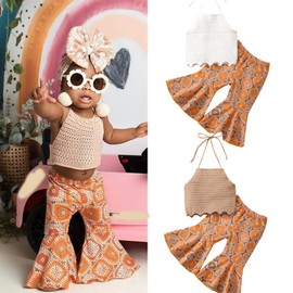 Kupretty Baby Girl Summer Clothes Toddler Bell Bottoms Outfits Flower Halter Crop Top Rainbow Flare Pants Set (Crochet Knit White, 0-6 Months)