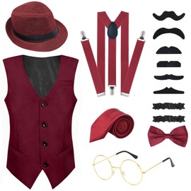 PLULON 16 Pieces 1920s Mens Costume Gatsby Gangster Vest Roaring 20s Men's Accessories Set Clothing Outfit with Fedora Hat Suspender Bow Tie Vintage Glasses Beard for Men