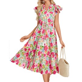 Women's Summer Floral Midi Dresses Short Sleeve Boho Beach Floral Dress for Women Flowy Swing Maxi Beach Dresses