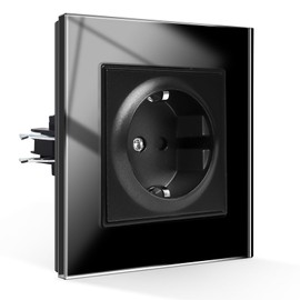 CNBINGO Schuko Socket Flush-Mounted with Claws, Single Socket Tempered Glass Pane, Black Protective Contact Wall Socket, 1-Way, 16 Amp, 250 V