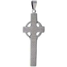 Sabrina Silver Stainless Steel Celtic High Cross Necklace, 2 inch Tall with 30 inch Chain