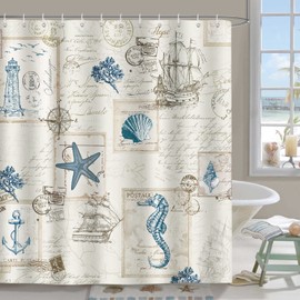 Bonhause Shower Curtain Maritime Nautical Anchor Lighthouse Sailboat Shower Curtains 180 x 180 cm Anti-Mould Waterproof Polyester Fabric Washable Bathroom Curtain for Bathroom with 12 Hooks