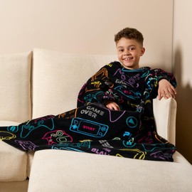 OHS Wearable Blanket Kids Gaming, Ultra Soft Snuggle Blanket for Boys Girls Fleece Blanket Hands Free Sleeves for Gaming Relaxing TV - Black, 125cm x 100cm