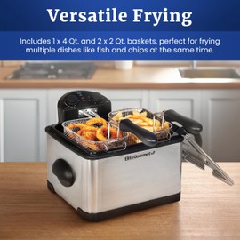 Elite Gourmet EDF-401T Electric 4.5 Qt. / 17 Cup Immersion Deep Fryer 3-Baskets, 1700-Watt, Timer Control Adjustable Temperature, Lid with Viewing Window and Odor Free Filter