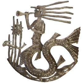 Le Primitif Galleries Haitian Recycled Steel Oil Drum Outdoor Decor, 14 by 14-Inch, Mermaid with Trumpet