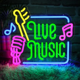 Folkive Live Music Neon Sign for Studio Decor Dimmable Microphone Led Sign for Recording Room Podcast Neon Light for Music Bar Bedroom Man Cave Club Hip Hop Party Retro Home Decoration