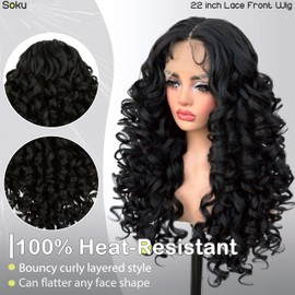SOKU Long Curly Wig, Natural Hair Lace Front Wigs for Black Women 22 Inch Pre Plucked Ready to Wear Glueless Wig Black Layered Hair with Natural Hairline 13x4x1 HD Transparent Lace