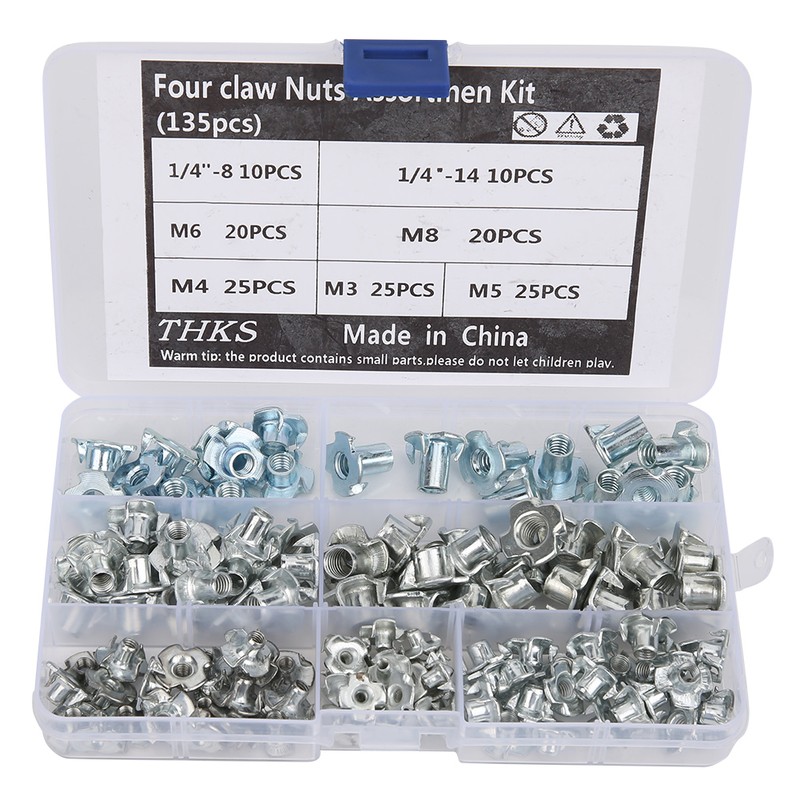 135pcs Carbon Steel Four Claw Nut Assortment Kit for Furniture