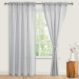 JIUZHEN Grey Linen Sheer Curtains 84 inch Length 2 Panels Set with Tiebacks, Rod Pocket Privacy Light Filtering Textured Semi Sheer Drapes for Living Room/Bedroom，W 52 x L 84