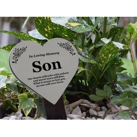 Son Heart Memorial Remembrance Plaque Stake - Metallic SILVER/GOLD Acrylic, Waterproof, Outdoor, Grave Marker, Tribute, Plant Marker. Shipped Globally. (Silver)