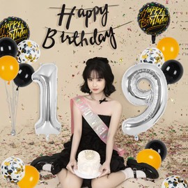 Silver 19th Birthday Decorations Party Supplies-Black Happy 19th Birthday Banner Latex and Confetti Balloons Paper Honeycomb Balls Huge Number 19 Balloons for Girls,Women,Men,Photo Props 19th Birthday
