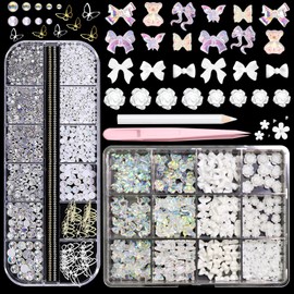 BELICEY 3D Nail Charms Set White Assorted Butterfly Flower Bear Charms for Nails Acrylic Flatback Pearls Starry AB Crystals Rhinestones for DIY Nail Art Supplies Accessories with Tweezer Picker Pen