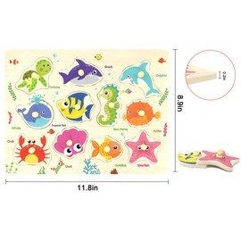 Wooden Peg Puzzle, Sea Creature Chunky Baby Puzzles, Colorful Wood Shape Puzzle Peg Board, Animal Knob Puzzles for Educational Toddlers 18 Months and Up, 11 Pieces