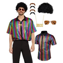 minkasic 70s Fancy Dress Mens 5PCS 70s Shirts for Men with Disco Accessories Wig, Sunglasses, Fake Beard Disco Necklace, Abba Fancy Dress Costume Men Set for 60s 70s Party (Multicolour, XXL)
