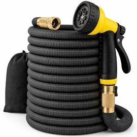 J&B Xpandahose Manguera de jardín de agua expandible con soporte, núcleo de látex de triple capa resistente y 10 boquillas con bolsa de almacenamiento (color negro, 50)