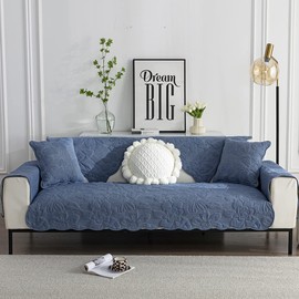 XSlive Vintage Floral Embroidery Sofa Couch Cover Soft Cotton Quilted Sectional Couch Cover Solid Non Slip Sofa Slipcover Furniture Protector for Living Room (Dark Blue,36"x70")