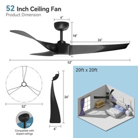 IDEALHOUSE 52 Inch Ceiling Fan with Light, Low Profile Ceiling Fan with Remote Controls 6 Speeds Reversible, 3CCT Dimmable, Noiseless, Ceiling Fan for Indoor, Outdoor, Kitchen, Living Room, Farmhouse