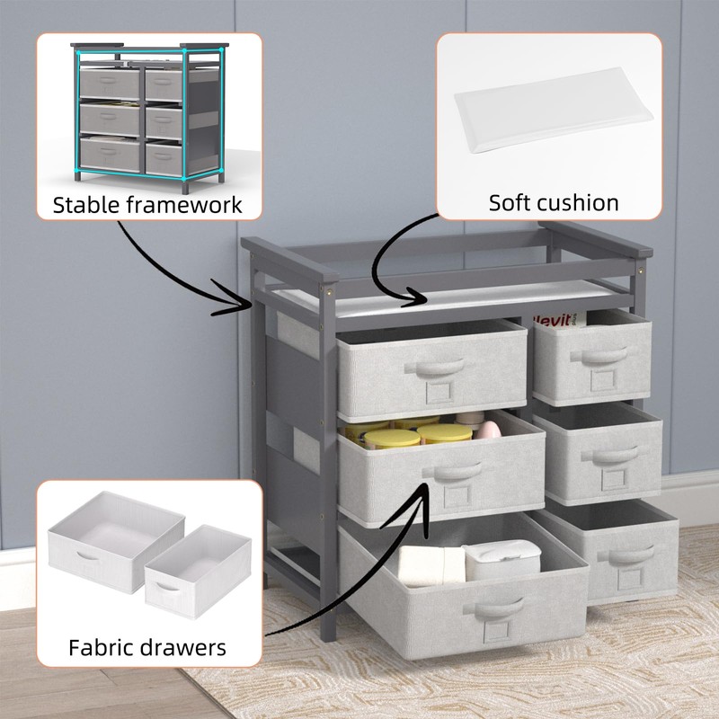 XJD Baby Changing Table with 6 Storage Drawers and Pad