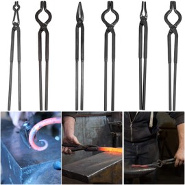 Beginner Blacksmith Tongs Blacksmith Forge Tong Tool Set V-Bolt Tongs 3/8, 1/2, 5/8 & 1/4 Flat Jaw Tong & Pick Up Tong & Scrolling Tong (6Pcs)