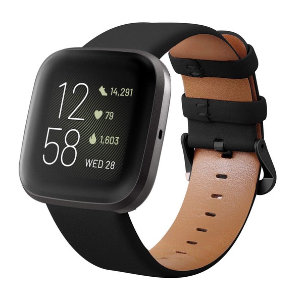 KADES for Fitbit Versa 2 Bands, Leather Band Replacement Strap Compatible with Fitbit Versa 2/Versa/Versa Lite/Versa SE Smartwatch for Women Men (Black Band+Black Buckle, Large)
