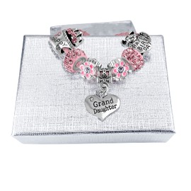 Granddaughter Girls 17cm Sparkly Crystal Pink Leather Birthday Charm Bracelet with Gift Box Set Birthday Gifts for Girls Birthday Jewellery for Girls 8th 9th 10th 11th Birthday Gifts