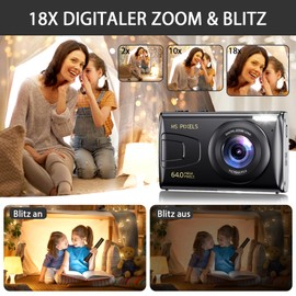 OKA gute Qualität Fotokamera, 64MP 1080P FHD Digitalkamera 2,4-Zoll-Bildschirm 18X Digitalzoom Kompaktkamera mit 32GB Karte,Tragbare Retro Fotoapparat, für Kinder, Teenager, Anfänger, Schwarz