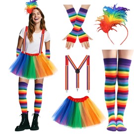XDGBGFN Set of 5 Rainbow Costume Women's Carnival Rainbow Costume Colourful Tulle Skirt Feather Headbands, Rainbow Stockings and Gloves Suspender Set for 80s Retro Party Cosplay