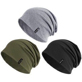 FURTALK Slouchy Beanie for Men Women Breathable Cotton Summer Beanie Unisex Running Sleeping Skull Caps Chemo Headwear, Black+Light Grey+Olive Green