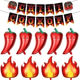 Chili Cook Off Decorations Chili Pepper Banner with 9Pcs Red Hot Chili Cook Off Flame Balloons Cinco De Mayo Chili Cook Off Supplies Chili Contest Tasting Competition Mexican Fiesta Party Decor