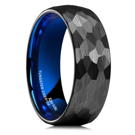 King Will 8mm Tungsten Wedding Rings for Men Blue Black Plated Hammered Texture Men's Wedding Band Gifts for Him Size R 1/2 (9)