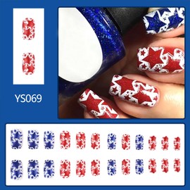 4th of July Press on Nails Medium Square Fake Nail Independence Day False Nails with Red Blue Glitter Star Designs Full Cover Stick on Nail Acrylic Patriotic Glue on Nail for Women Girls 24 Pcs