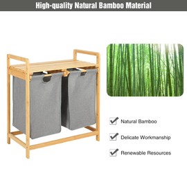 ‎REDCAMP Freestanding Bamboo Laundry Hamper, Wooden Laundry Basket for Bathroom Bedroom Living Room Laundry Room, 2 Section Laundry Sorter with Shelf and Removable Storage Bags, Grey Bgas, Natural