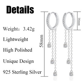 Kamise Silver hoop earrings, hanging, 925 sterling silver hanging earrings for women, hypoallergenic hoop earrings with 5A zirconia, long tassel chains, hoop earrings with gift box, Sterling Silver,
