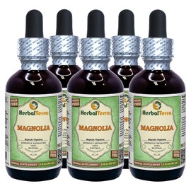 Magnolia (Magnolia Virginiana) Glycerite, Organic Dried Bark Alcohol-FREE Liquid Extract (Brand name: HerbalTerra, Proudly made in USA) 5x2 fl.oz (5x60 ml)