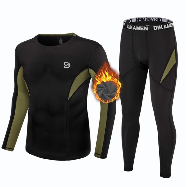 DIKAMEN Men's Thermal Underwear Fleece Lined Performance Fleece Tactical Sports Shapewear Thermal Set (Black02, Large)