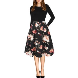 oxiuly Women's Vintage Patchwork Pockets Puffy Swing Casual Party Dress OX165 (Black-MDF9, l)